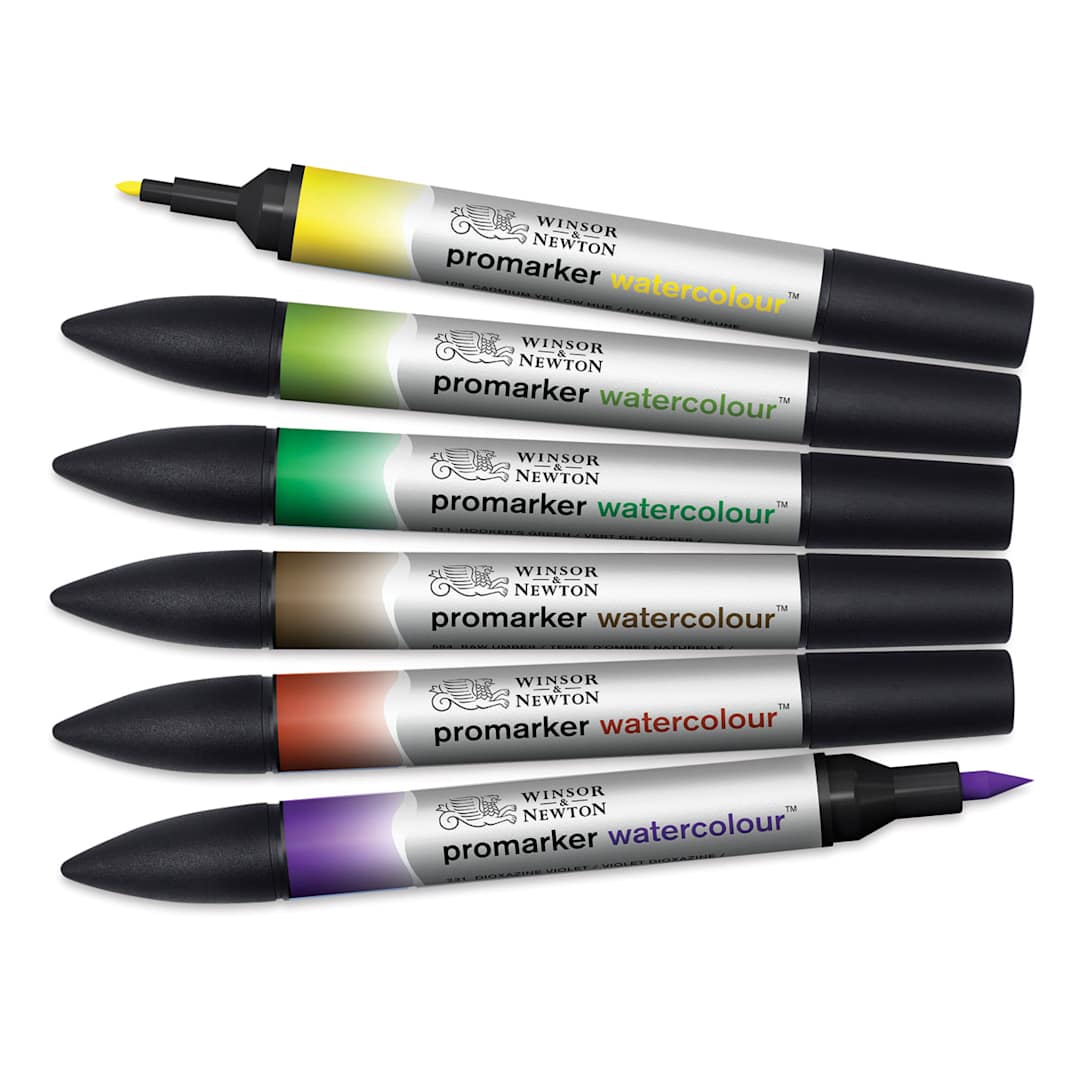 Open in modal - Promarker Watercolor Marker Sets - 6 pc set of Foliage colors shown horizontally with two caps removed