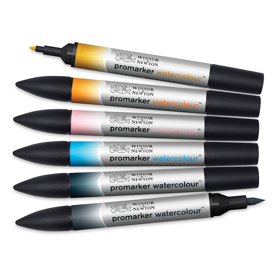 Open in modal - Promarker Watercolor Marker Sets - 6 pc set of Sky colors shown horizontally with two caps removed