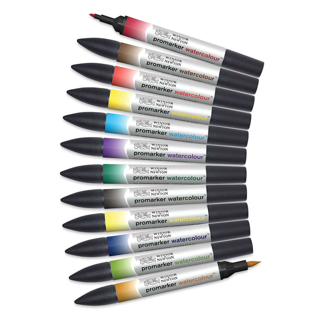 Open in modal - Promarker Watercolor Marker Sets - 12 pc set of Basic colors shown horizontally with two caps removed