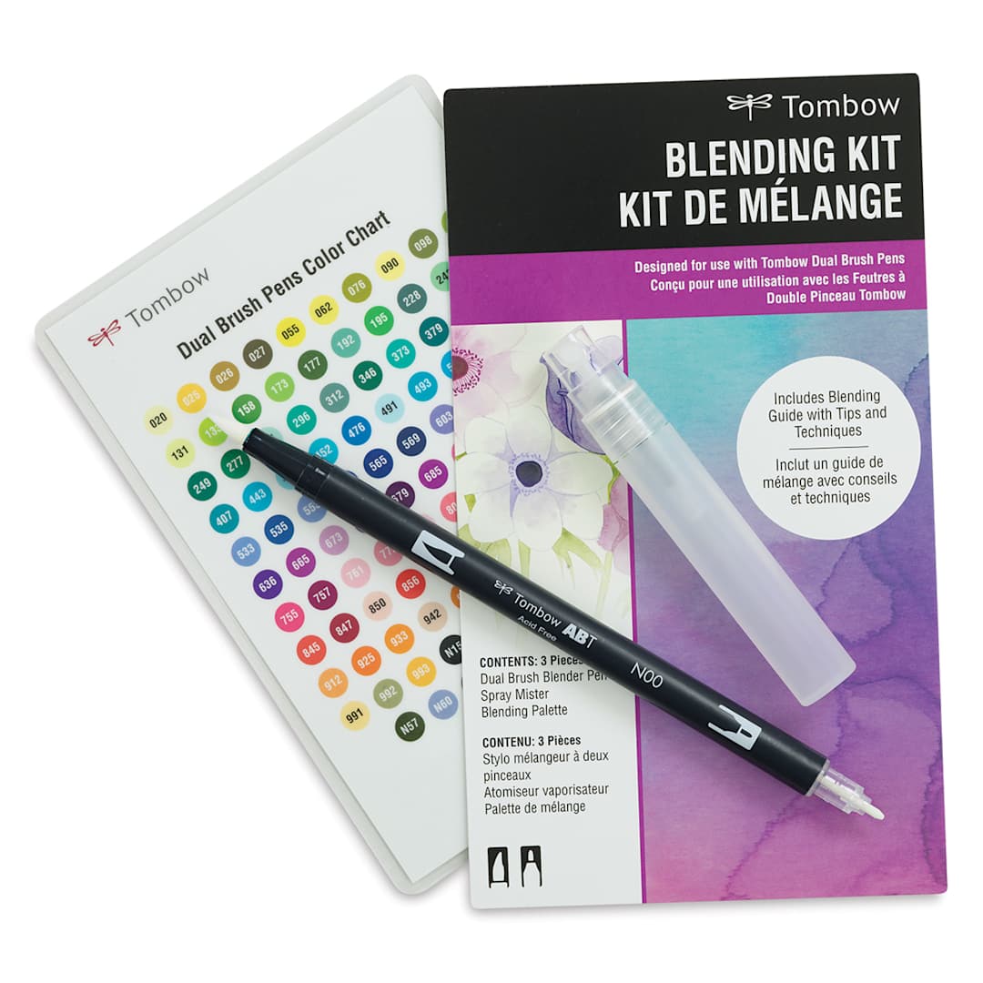 Open in modal - Tombow Dual Brush Pen Blending Kit - Palette, Guide, Blender and Spray Mister shown
