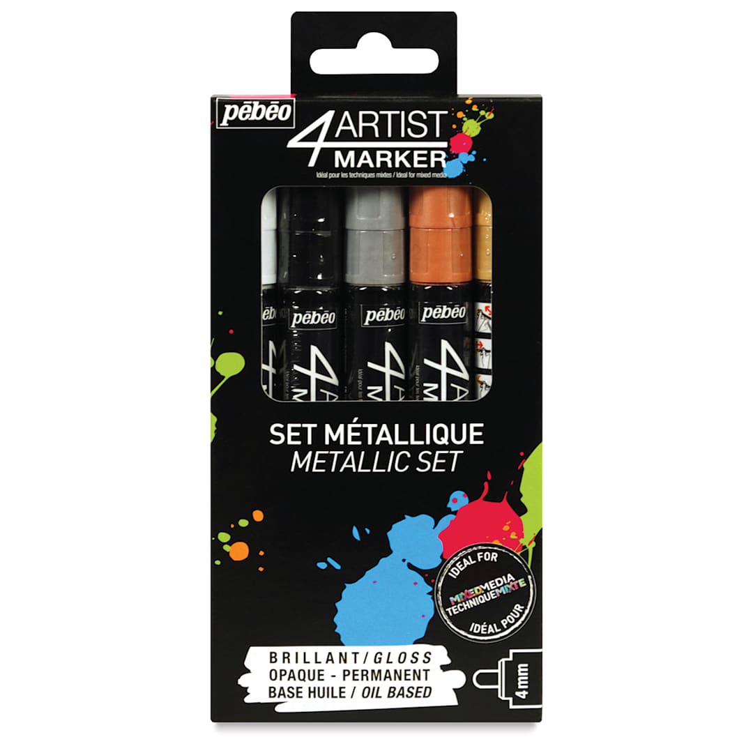 Open in modal - Pebeo 4Artist Markers - Front of Pkg of 5, 4 mm Metallic Color Markers