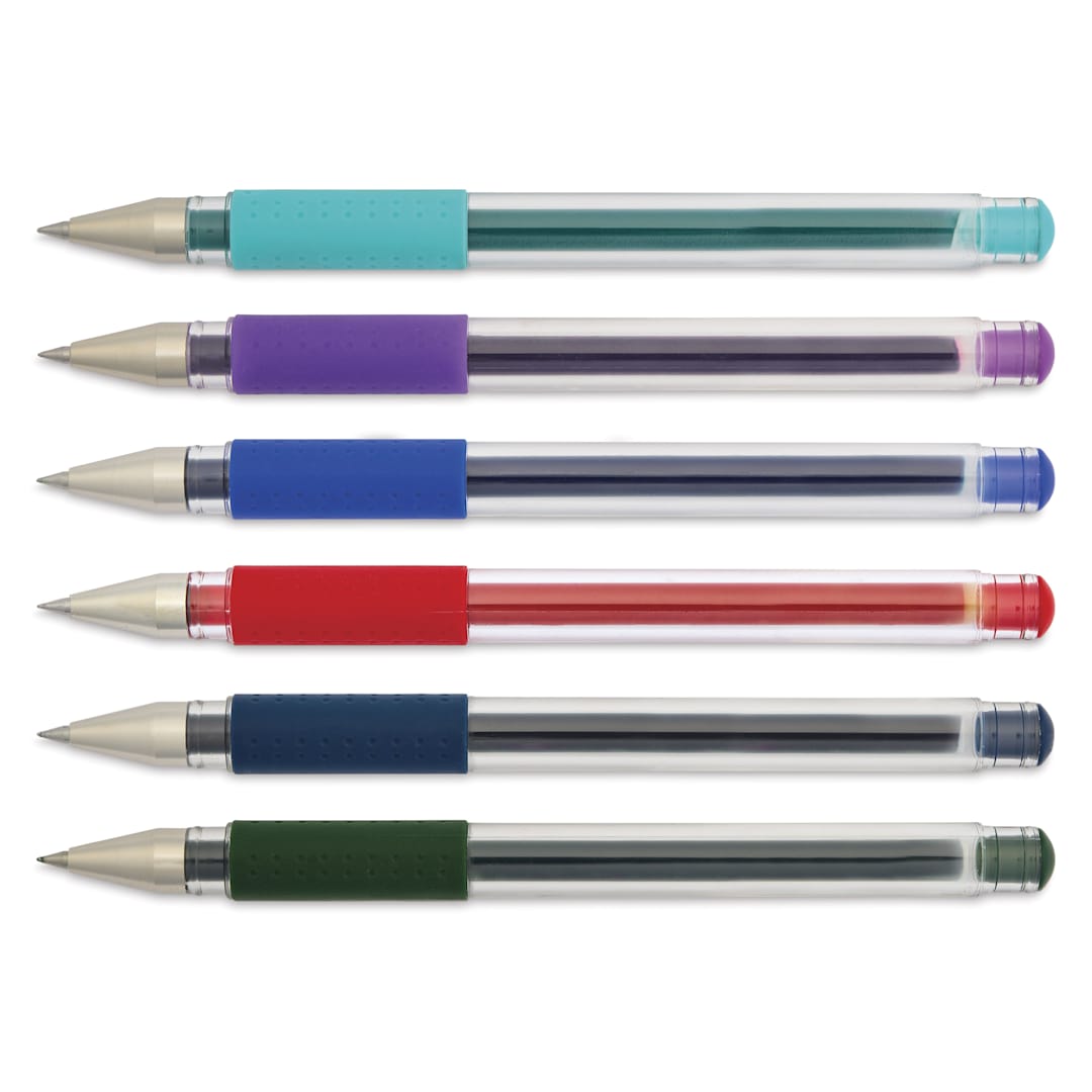 Open in modal - Uni-Ball Signo DX Gel Pens with caps off, laid out in various colors