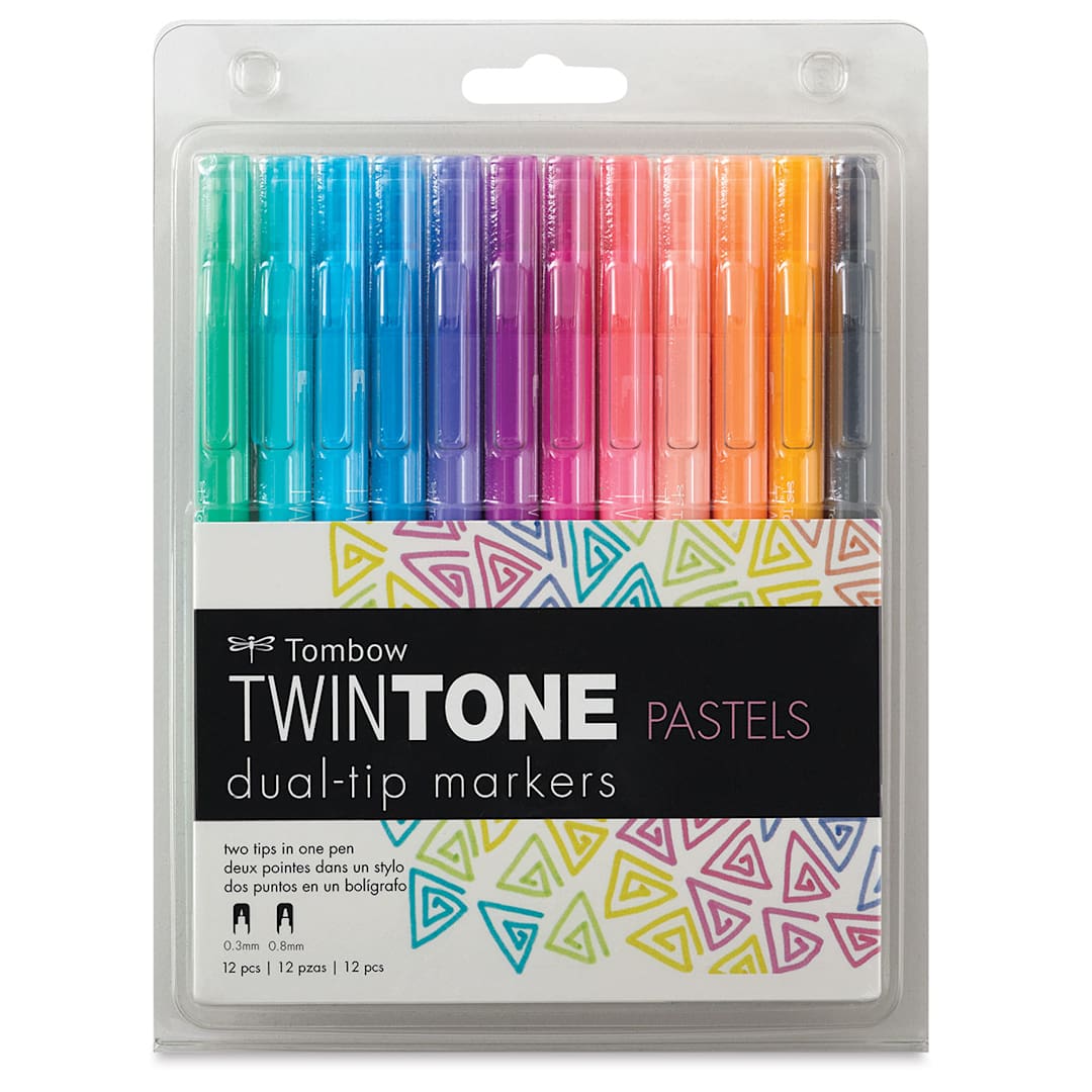 Open in modal - Tombow TwinTone Dual Tip Marker Sets - Front of blister package of 12 pc Pastels Set