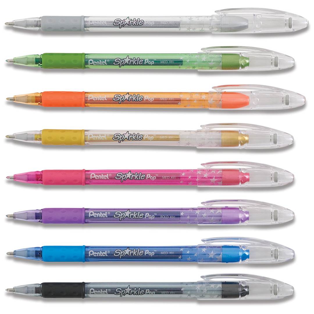 Open in modal - Pentel Sparkle Pop Pens - Components of Set of 8 Color Changing pens lined up horizontally