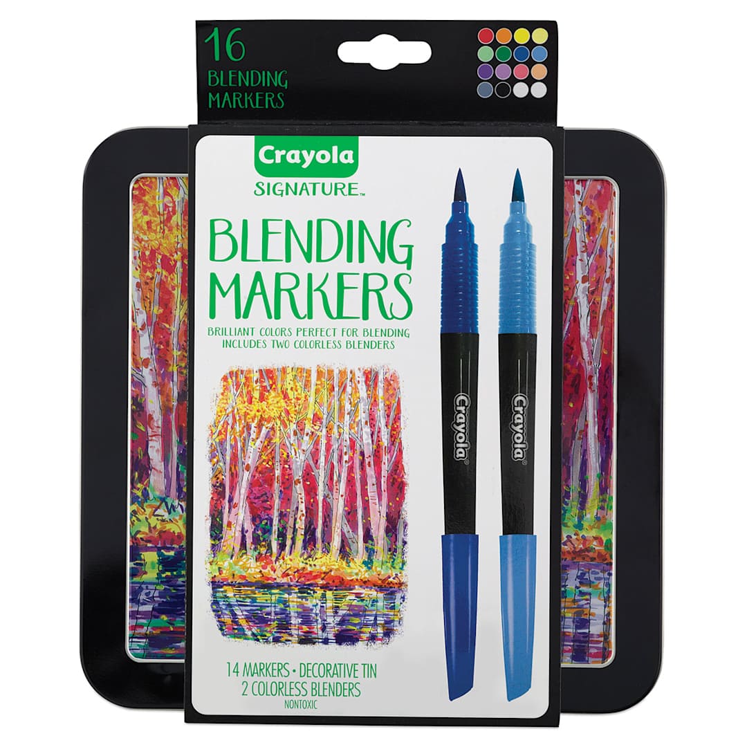 Open in modal - Crayola Signature Blending Marker Set - Front of package showing Storage Tin and Label
