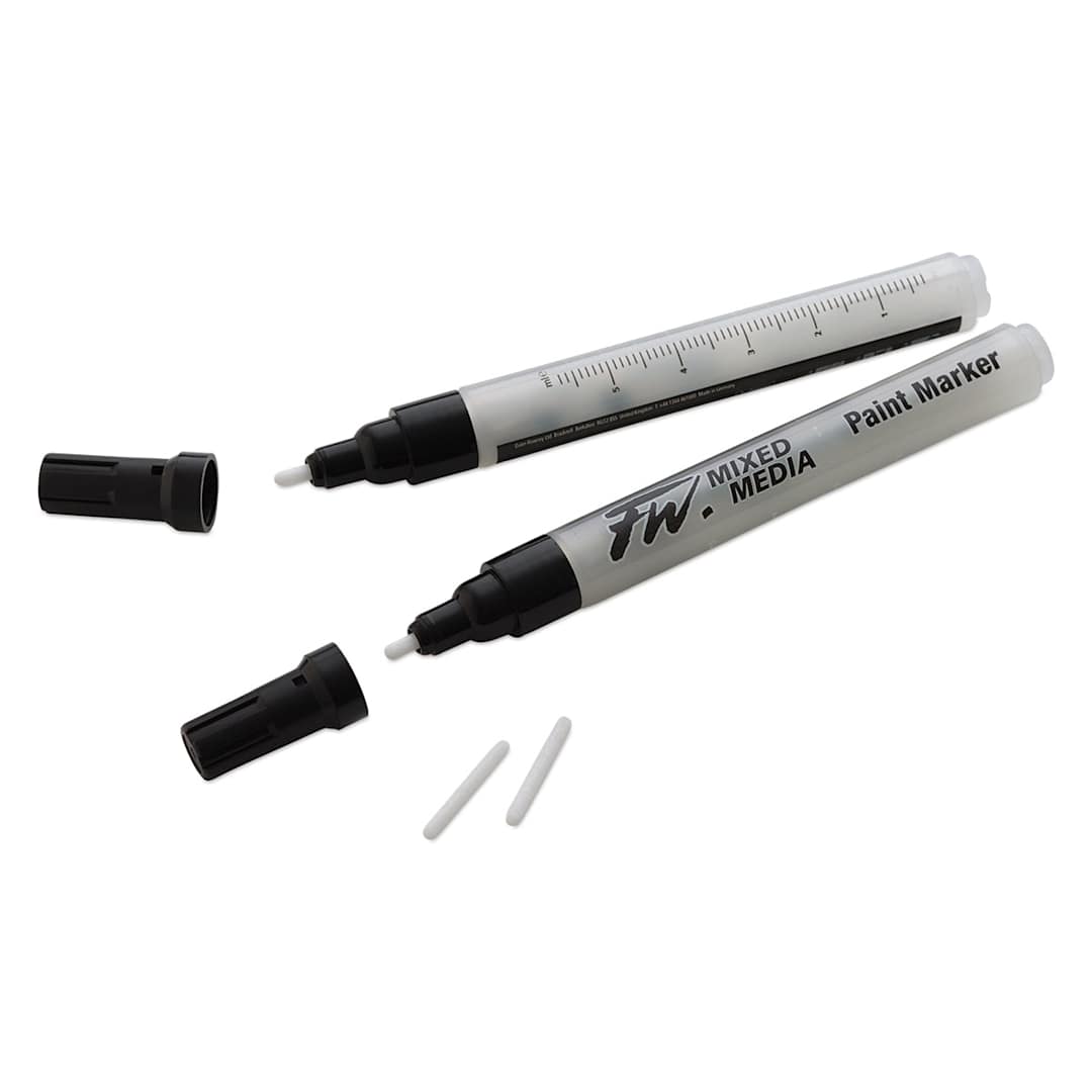 Open in modal - FW Empty Mixed Media Markers and Nibs - 2 uncapped Medium Diameter Pens with Round Nib Tips shown