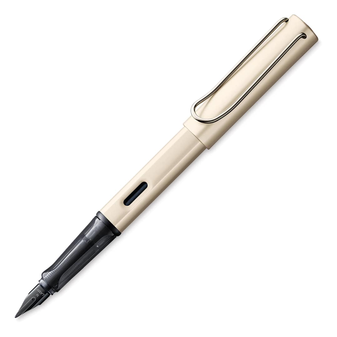 Open in modal - Lamy Lx Fountain Pen - Palladium color pen open and at angle