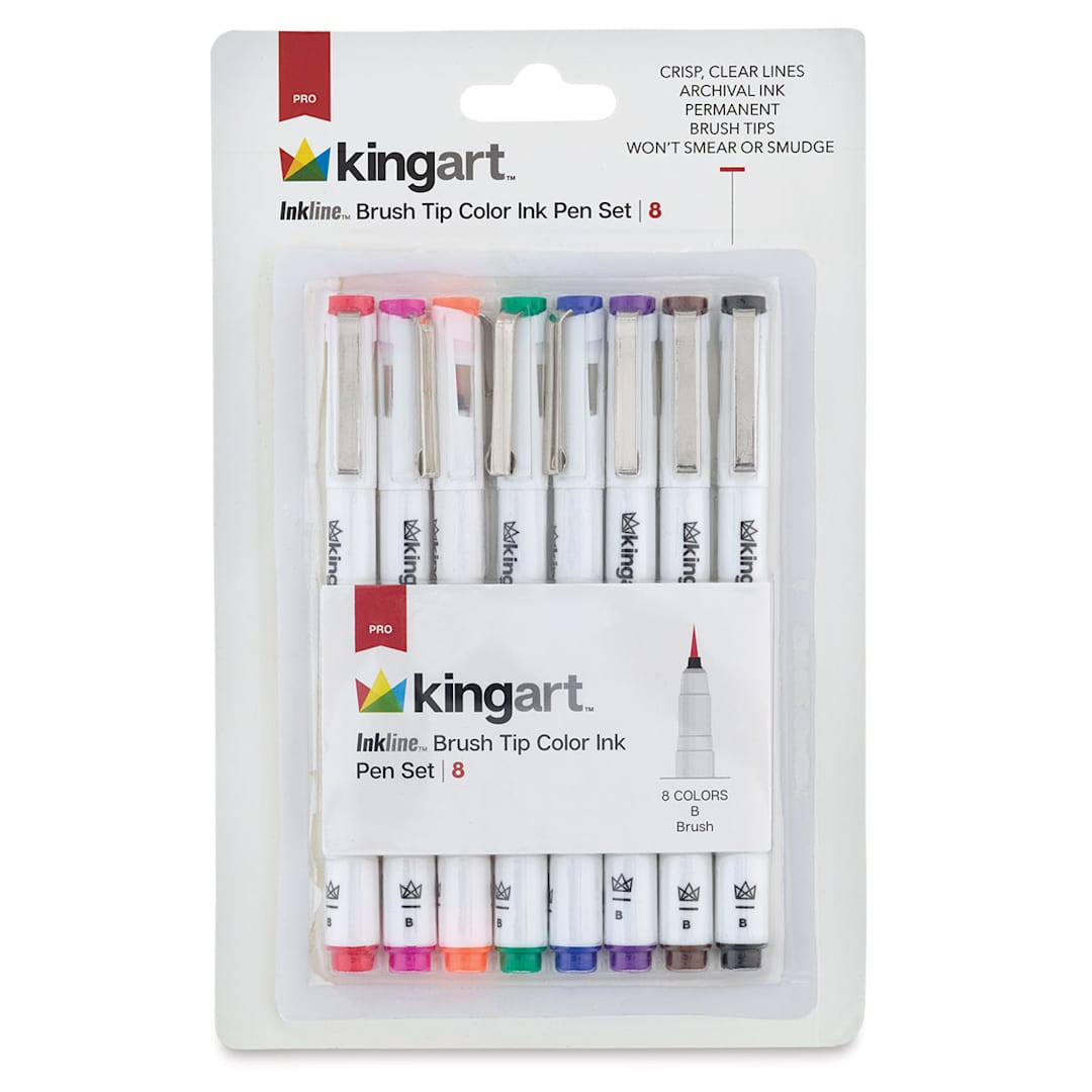 Open in modal - Kingart Inkline Artists Pen Sets - Front of blister package of set of 8 Assorted Color Brush Tips