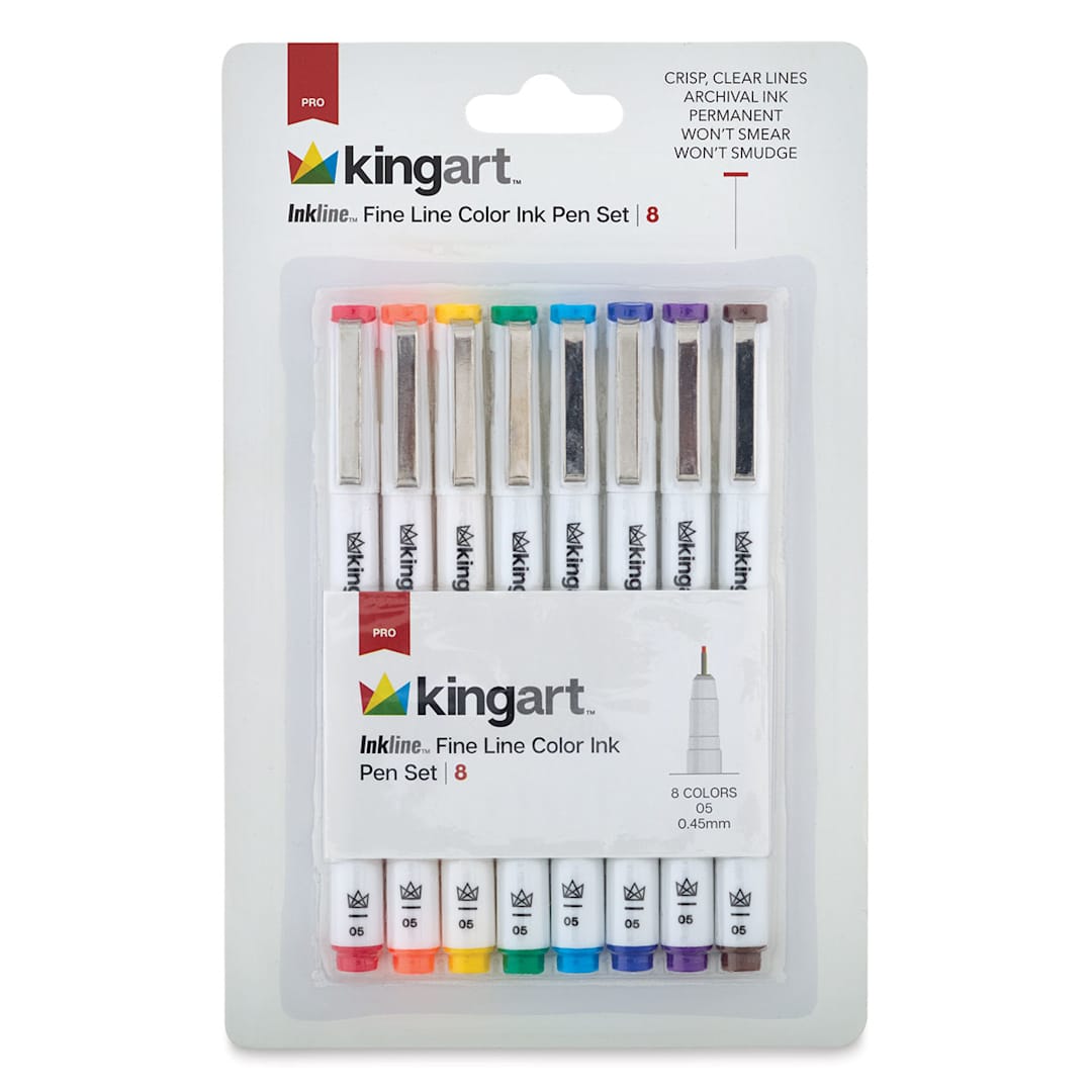 Open in modal - Kingart Inkline Artists Pen Sets - Front of blister package of set of 8 assorted colot Fine tips
