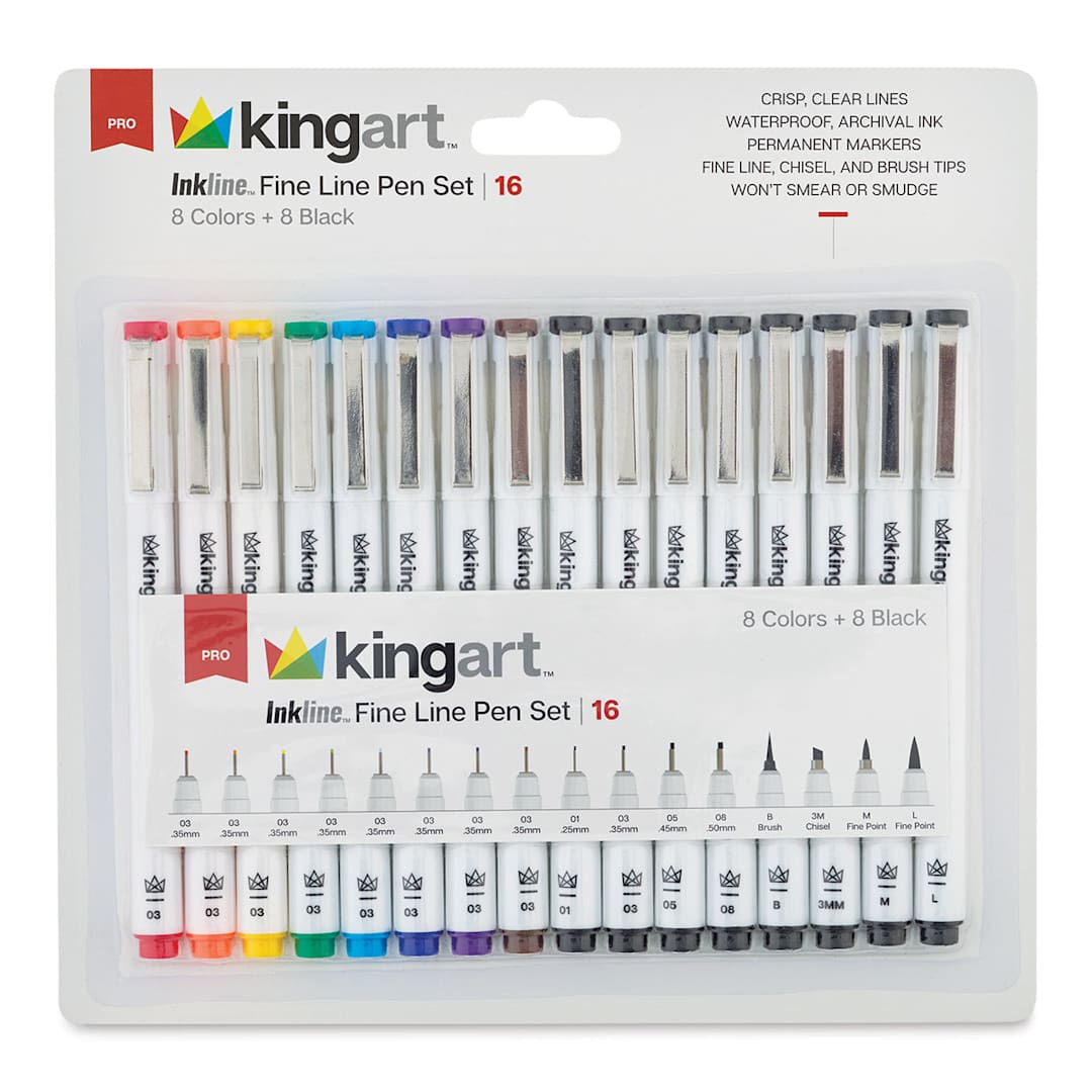 Open in modal - Kingart Inkline Artists Pen Sets - Front of package of 16 assorted Color and Tips