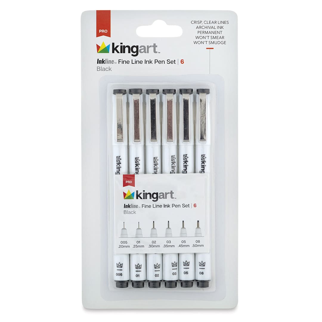 Open in modal - Kingart Inkline Artists Pen Sets - Front of package of set of 6 Black Fine Tip pens