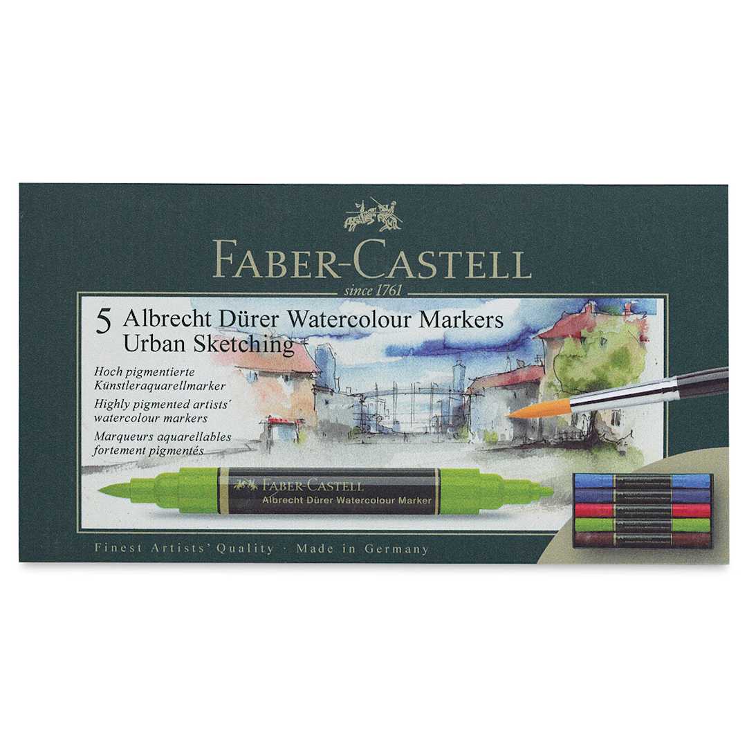 Open in modal - Faber-Castell Albrecht Dürer Watercolor Markers - Urban Sketching Tones, Set of 5 (front of package)