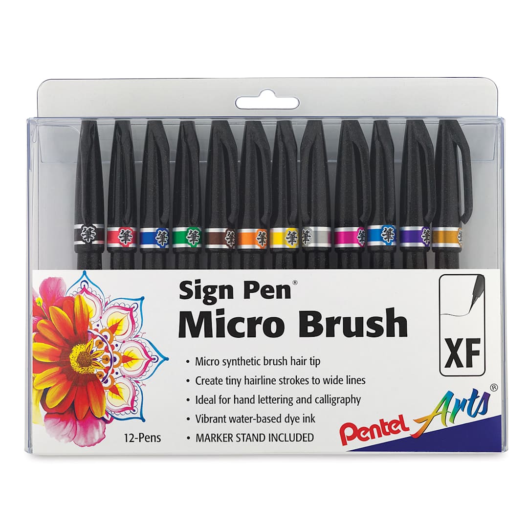 Open in modal - Pentel Arts Micro Brush Tip Sign Pen Sets - Front of package of set of 12 Micro Tip Pens