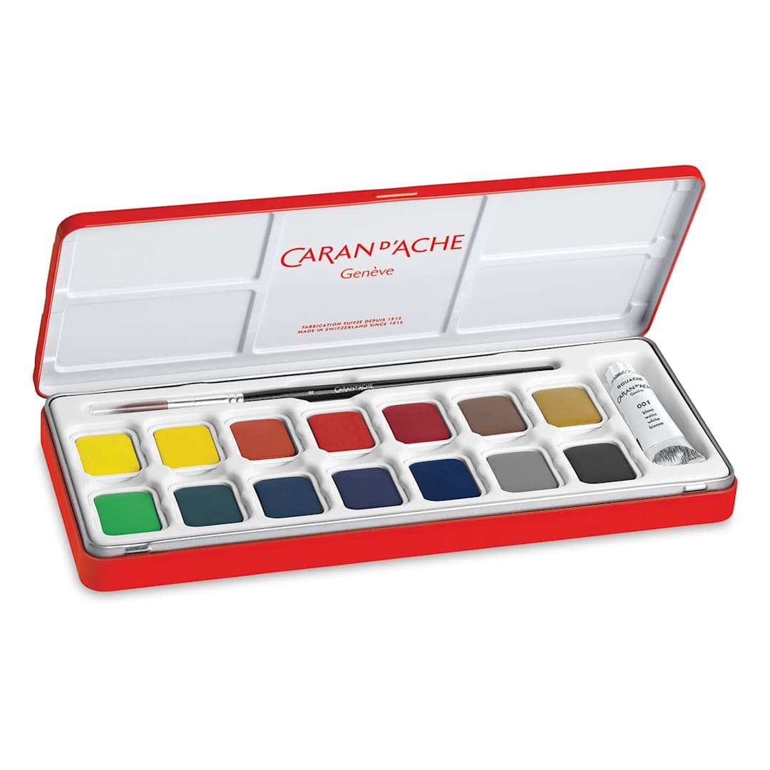 Open in modal - Caran d'Ache Gouache Studio Set - Set of 14 Pans w/White Tube, w/ brush, Open view