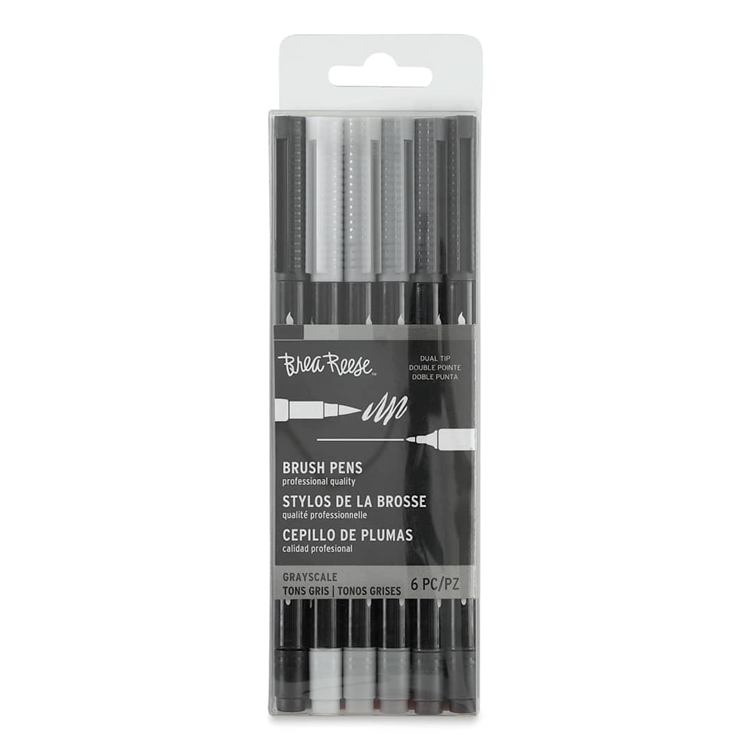 Open in modal - Brea Reese Dual Tip Brush Pens - Front of package of 6 pc Grayscale colors