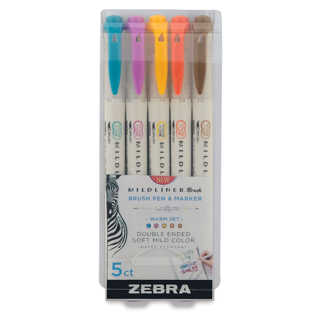 Open in modal - Zebra Mildliner Double Ended Brush Pens - Front of package of Set of 5 Warm Colors
