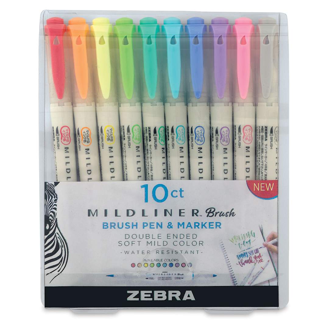Open in modal - Zebra Mildliner Double Ended Brush Pen Sets - Front of package of Set of 10 Assorted Colors