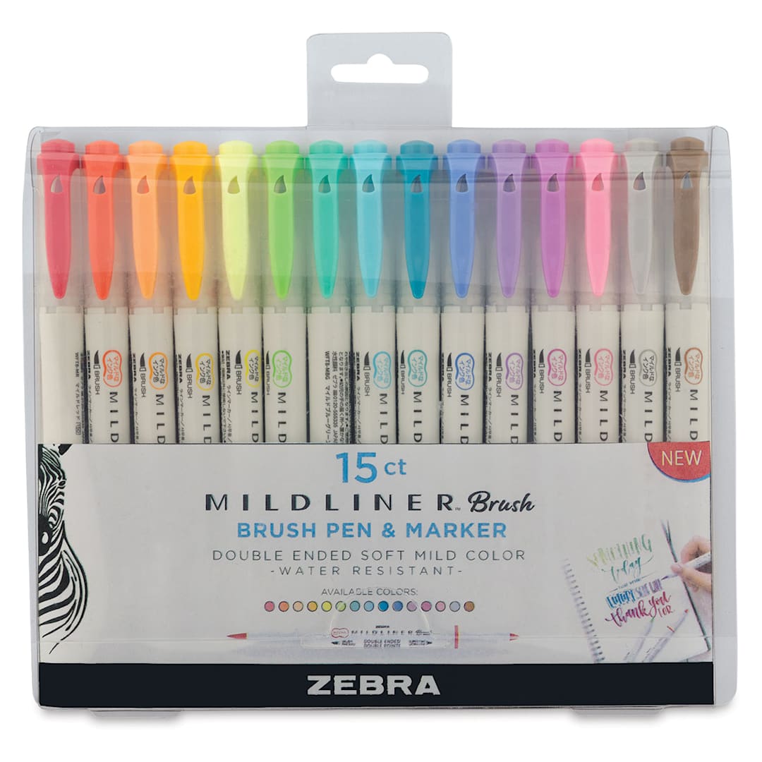Open in modal - Zebra Mildliner Double Ended Brush Pen Sets - Front of package of Set of 15 Assorted Colors