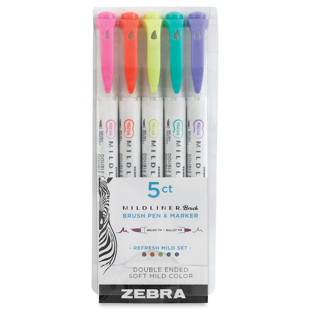 Open in modal - Zebra Mildliner Double Ended Brush Pens - Front of package of Set of 5 Refresh Colors