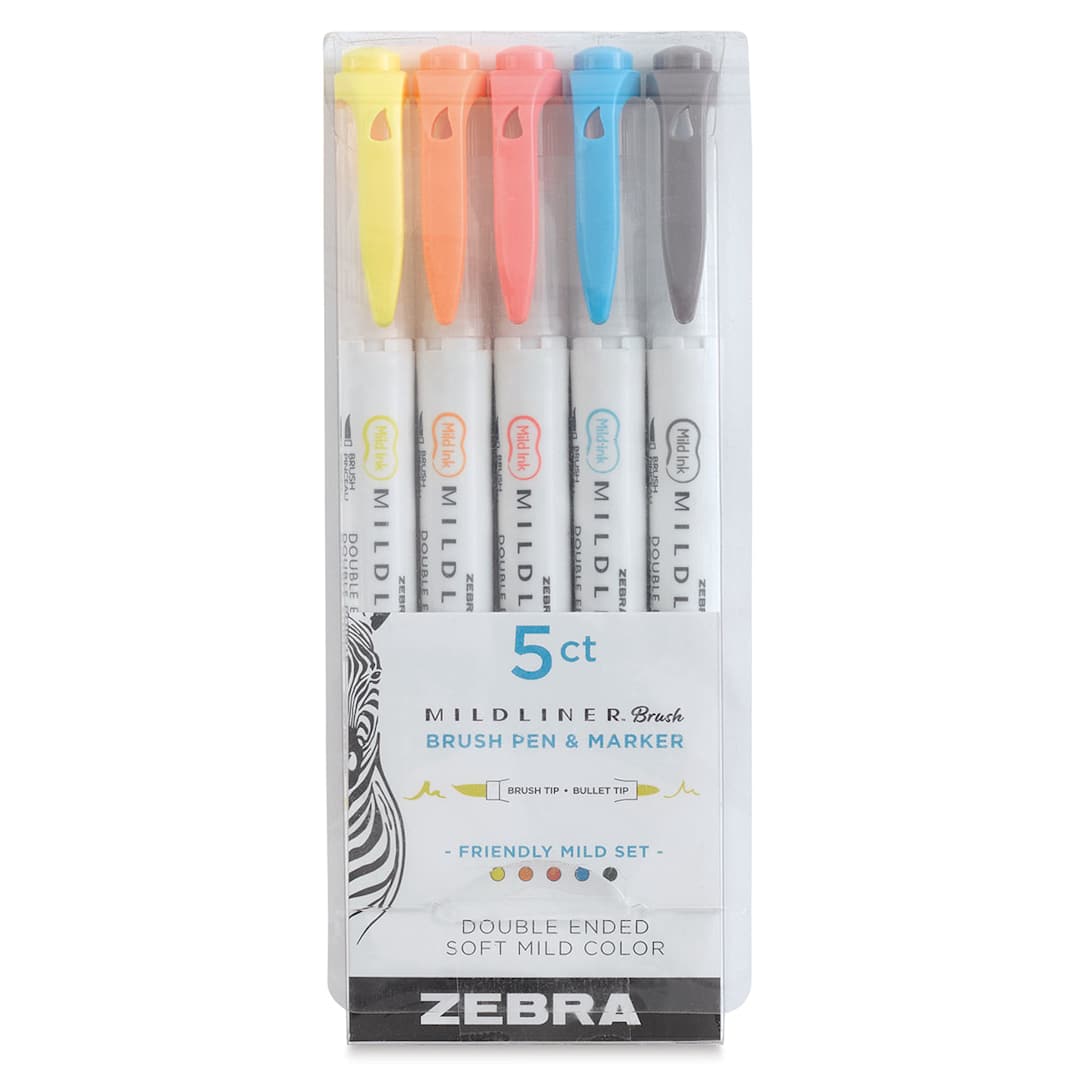Open in modal - Zebra Mildliner Double Ended Brush Pens - Front of package of Set of 5 Friendly Colors