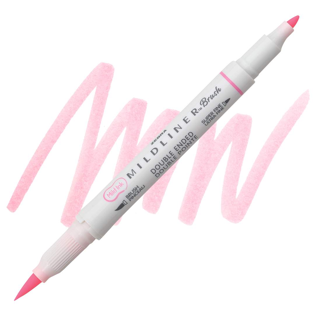 Open in modal - Zebra Mildliner Double Ended Brush Pen - Pink, swatch and pen
