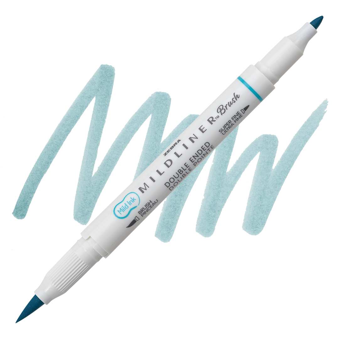 Open in modal - Zebra Mildliner Double Ended Brush Pen - Smoke Blue, swatch and pen