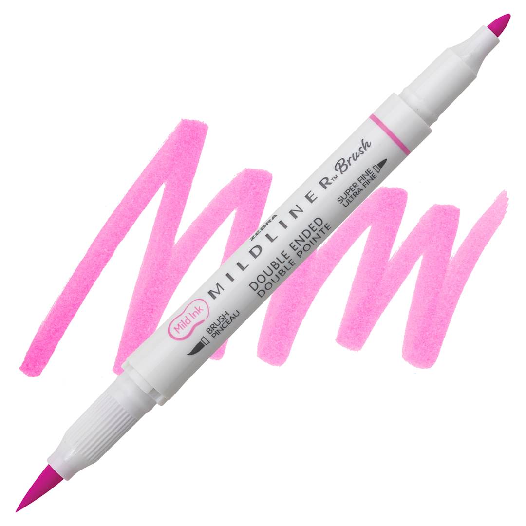 Open in modal - Zebra Mildliner Double Ended Brush Pen - Fuchsia, swatch and pen
