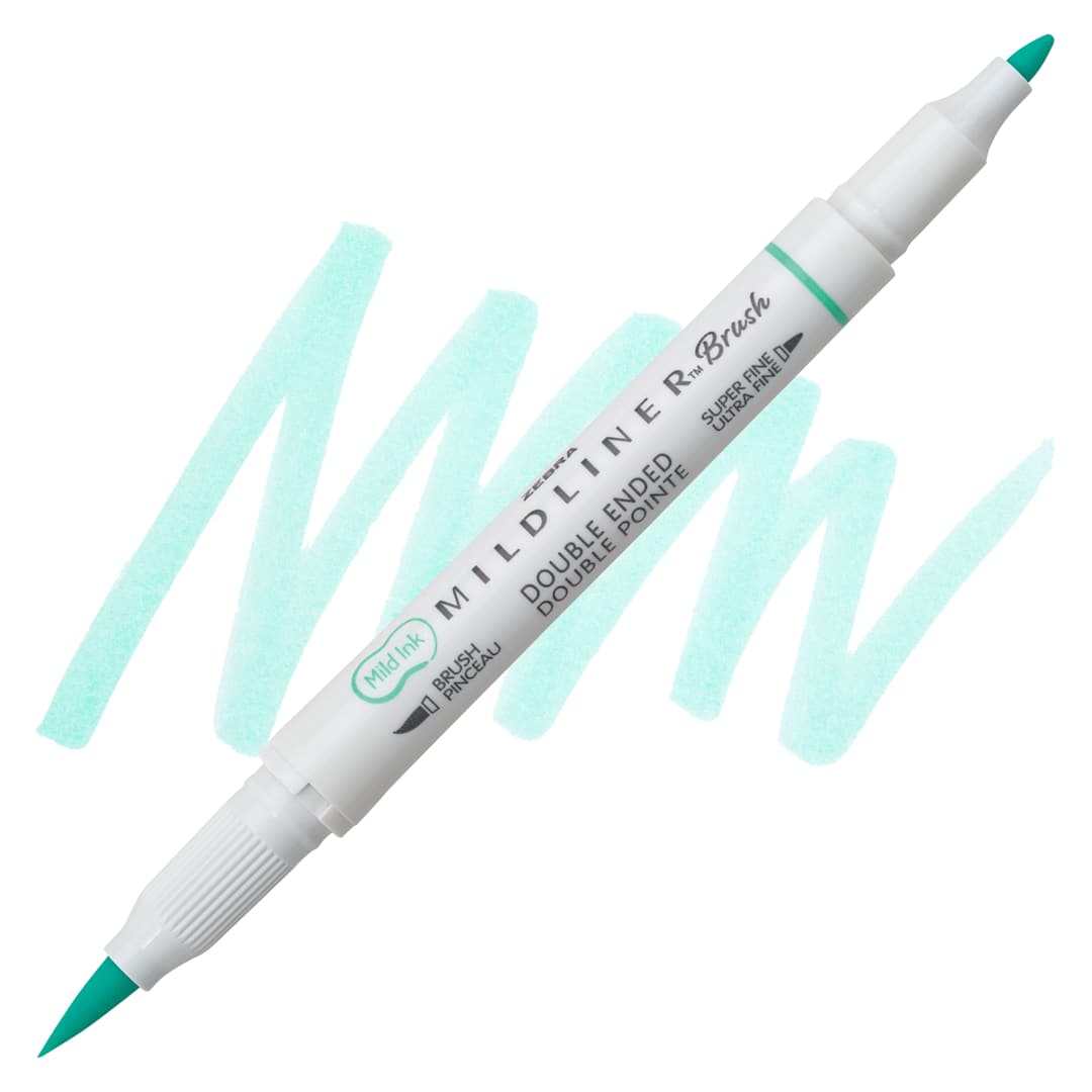 Open in modal - Zebra Mildliner Double Ended Brush Pen - Blue Green, swatch and pen