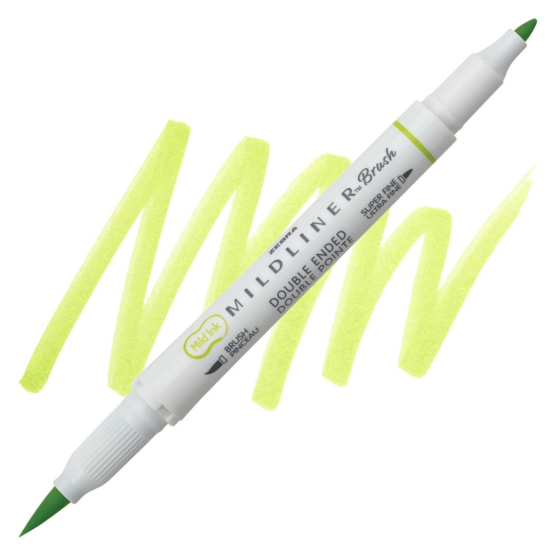 Open in modal - Zebra Mildliner Double Ended Brush Pen - Citrus Green, swatch and pen