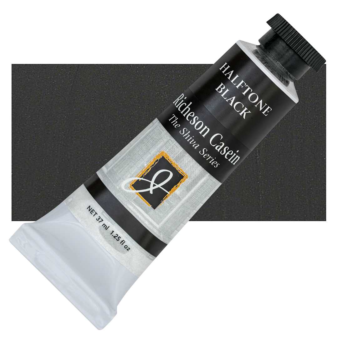 Open in modal - Richeson Casein Paint the Shiva Series - Halftone Black, 37 ml tube and swatch