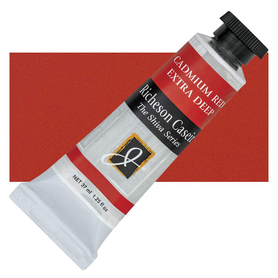 Open in modal - Richeson Casein Paint the Shiva Series - Cadmium Red Extra Deep, 37 ml Tube and swatch