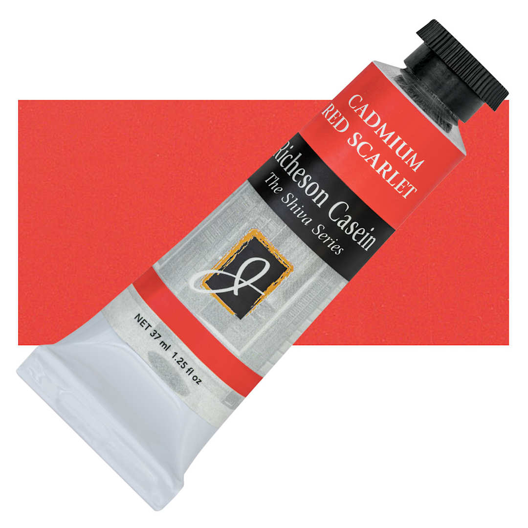 Open in modal - Richeson Casein Paint the Shiva Series - Cadmium Red Scarlet, 37 ml Tube and swatch