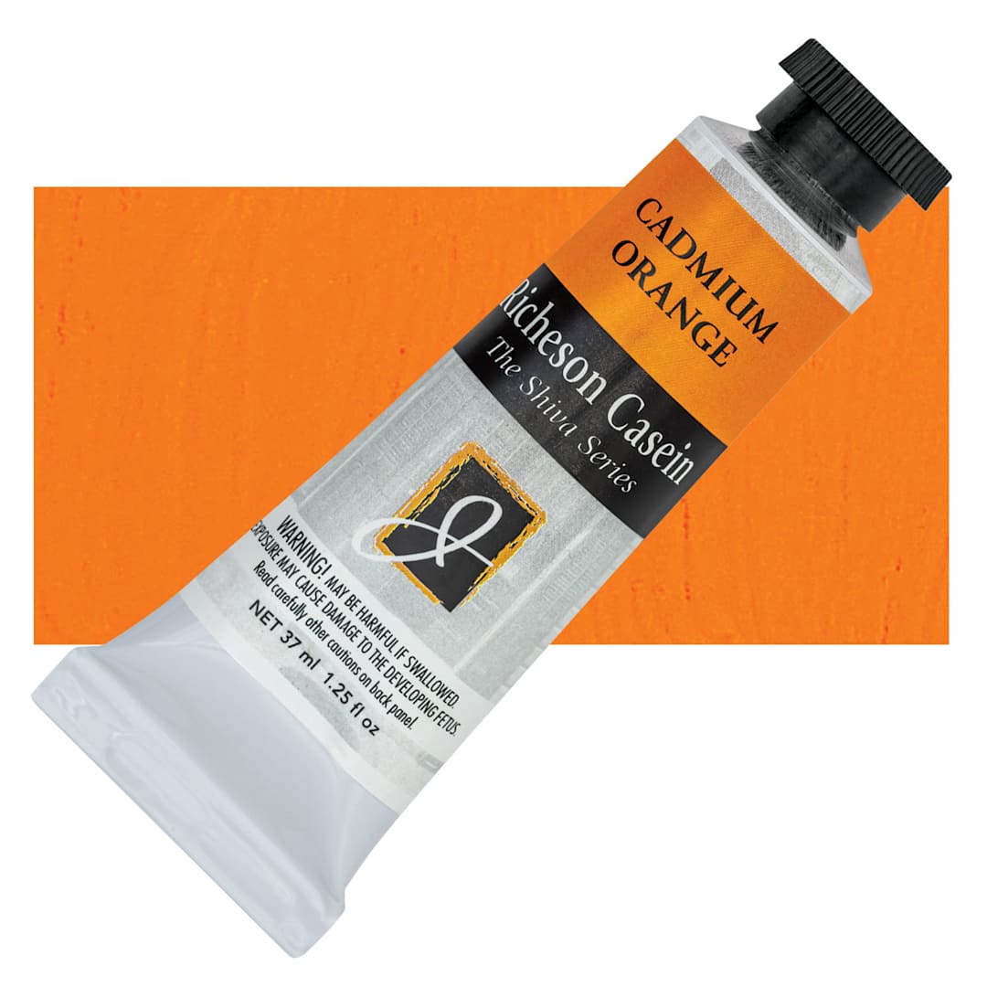 Open in modal - Richeson Casein Paint the Shiva Series - Cadmium Orange, 37 ml tube and swatch