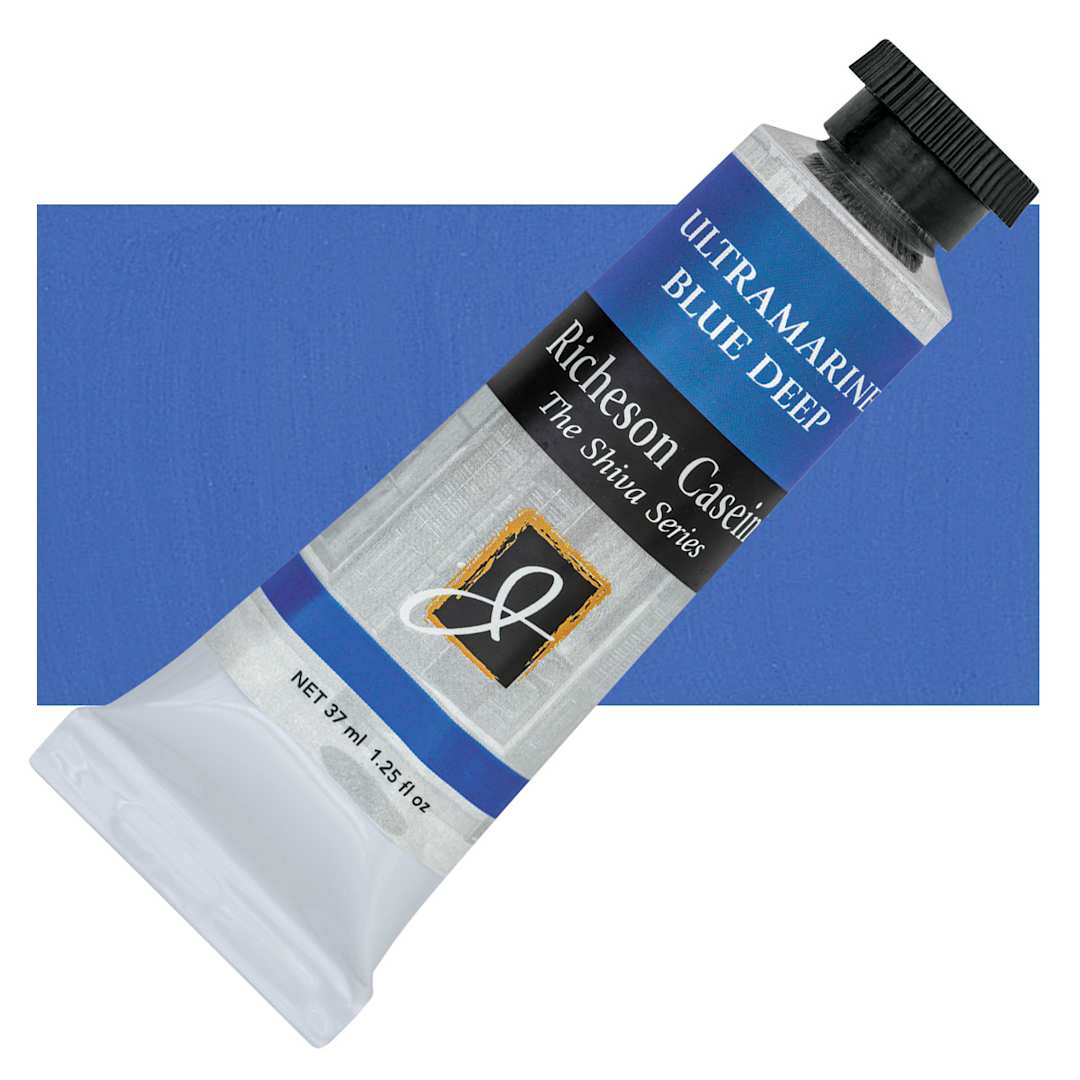 Open in modal - Richeson Casein Paint the Shiva Series - Ultramarine Blue Deep, 37 ml tube and swatch