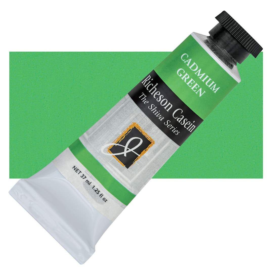Open in modal - Richeson Casein Paint the Shiva Series - Cadmium Green, 37 ml tube and swatch