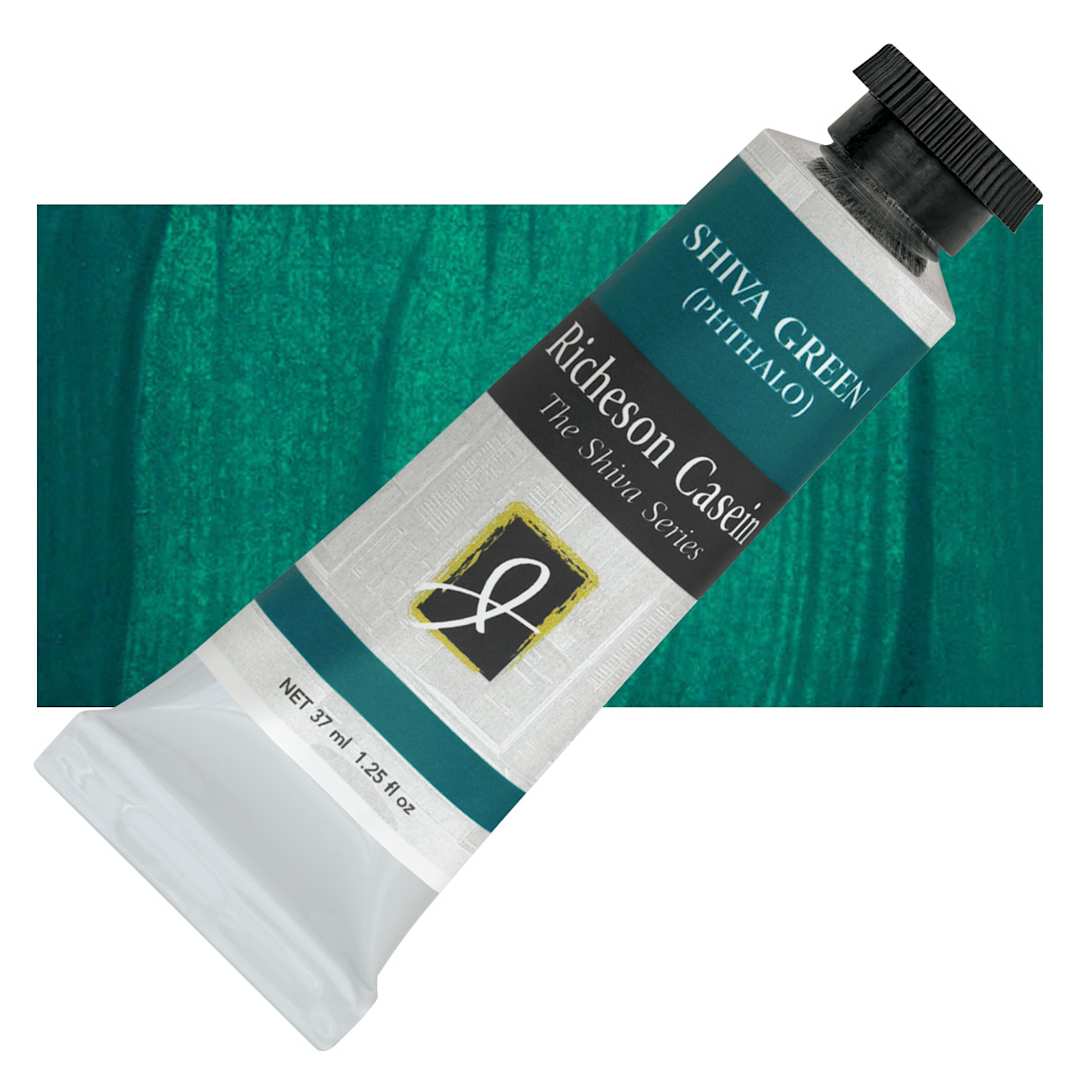 Open in modal - Richeson Casein Paint the Shiva Series - Shiva Green (Phthalo), 37 ml tube and swatch