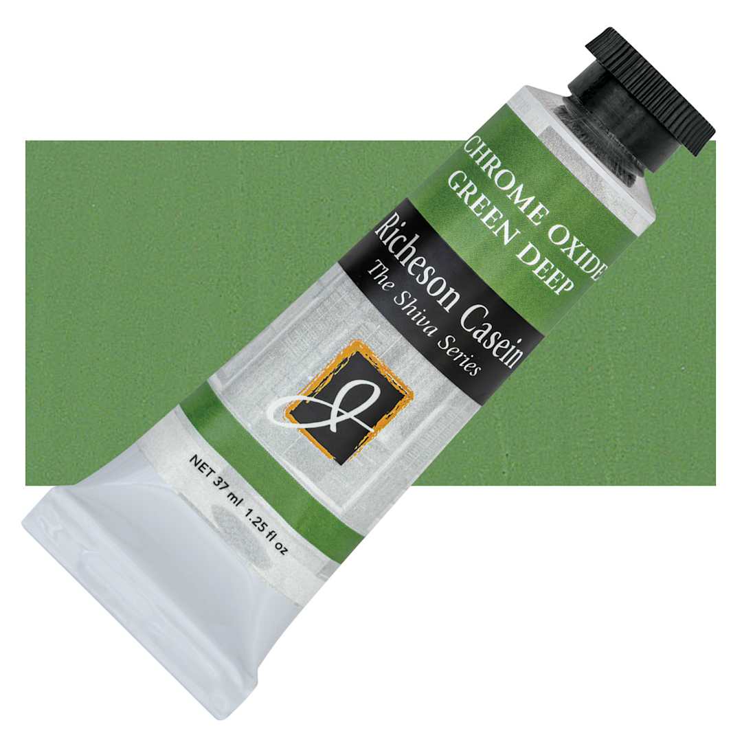 Open in modal - Richeson Casein Paint the Shiva Series - Chromium Oxide Green Deep, 37 ml tube and swatch