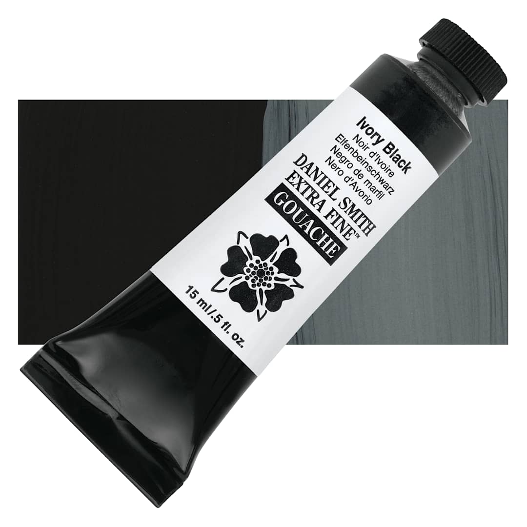 Open in modal - Daniel Smith Extra Fine Gouache - Ivory Black, 15 ml tube and swatch