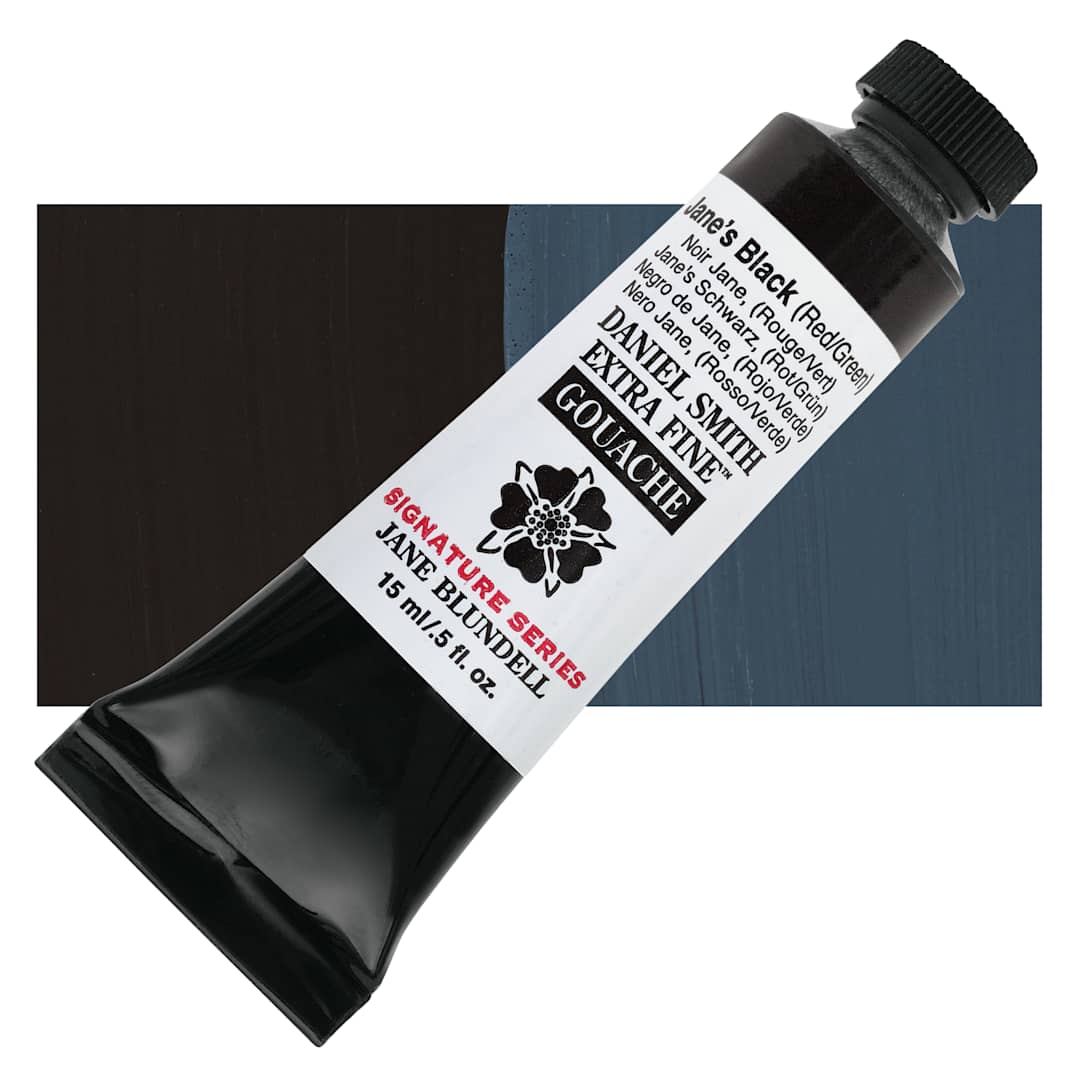 Open in modal - Daniel Smith Extra Fine Gouache - Jane's Black (Red/Green), 15 ml tube and swatch