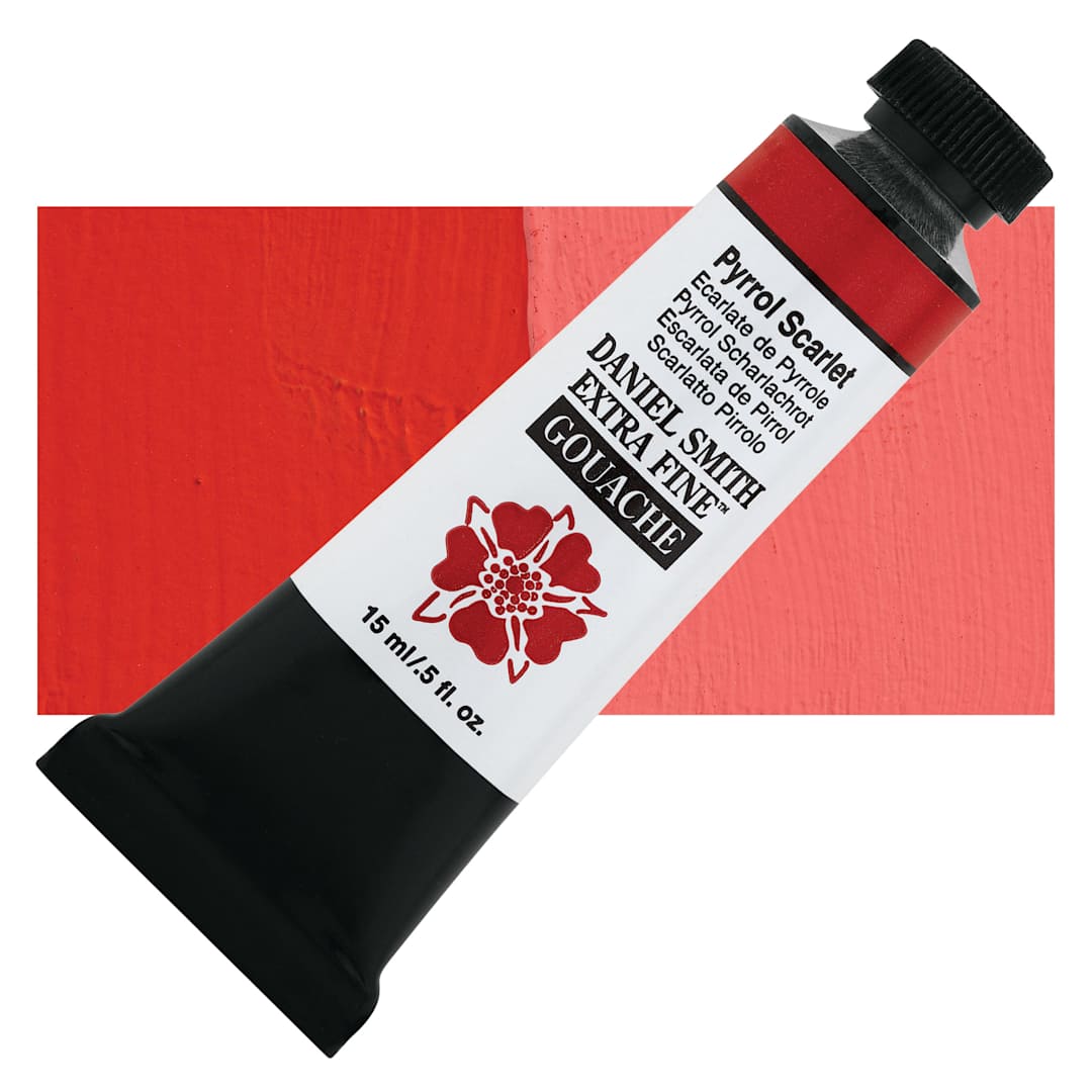 Open in modal - Daniel Smith Extra Fine Gouache - Pyrrol Scarlet, 15 ml Tube and swatch