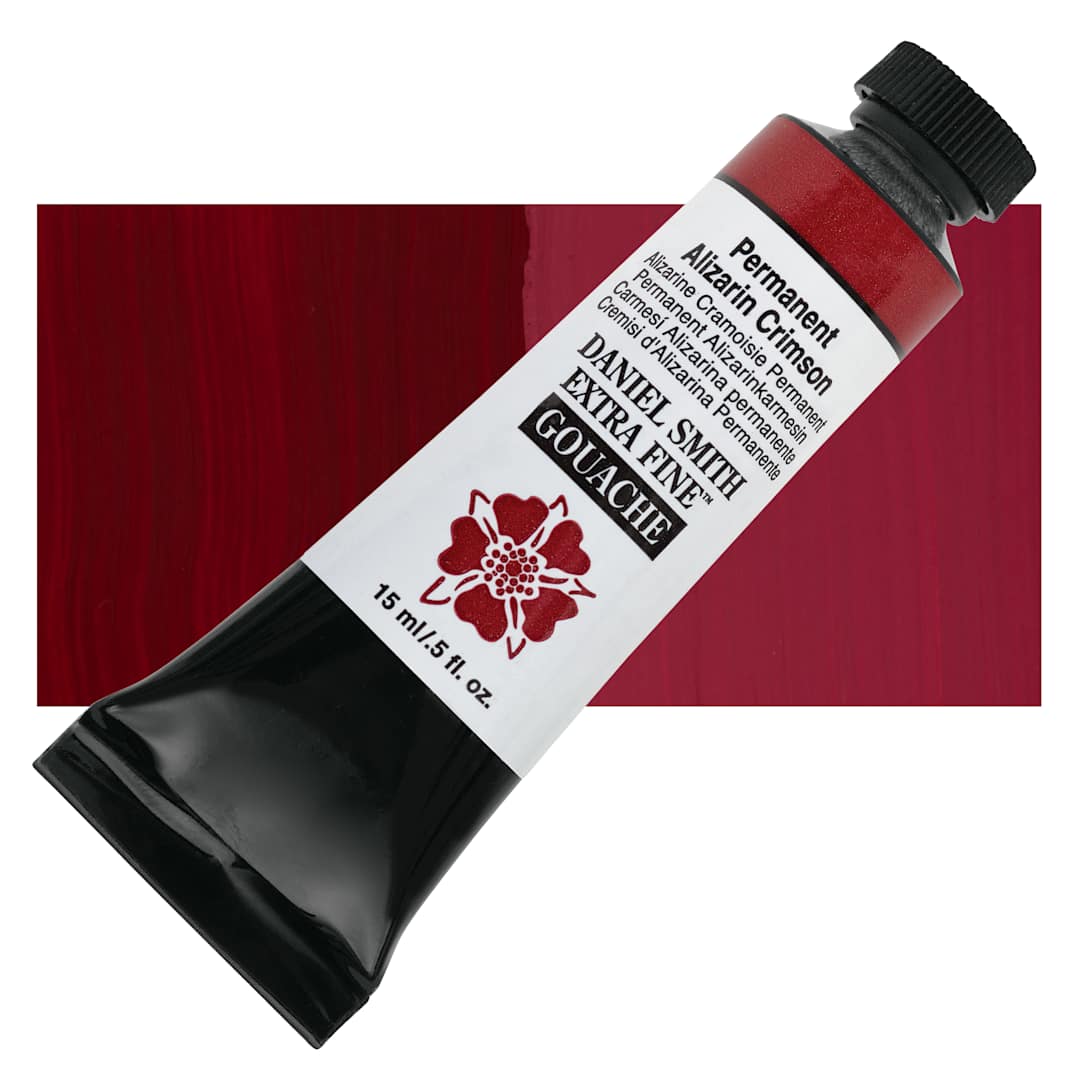 Open in modal - Daniel Smith Extra Fine Gouache - Permanent Alizarin Crimson, 15 ml Tube and swatch