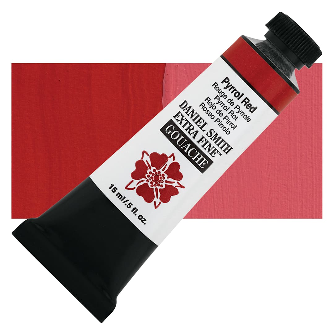 Open in modal - Daniel Smith Extra Fine Gouache - Pyrrol Red, 15 ml Tube and swatch