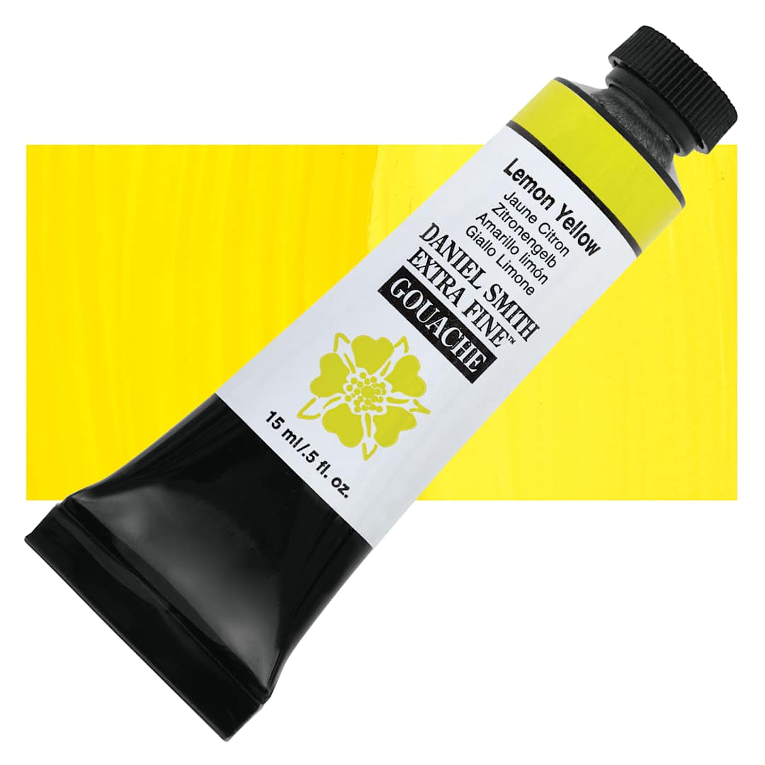 Open in modal - Daniel Smith Extra Fine Gouache - Lemon Yellow, 15 ml tube and swatch