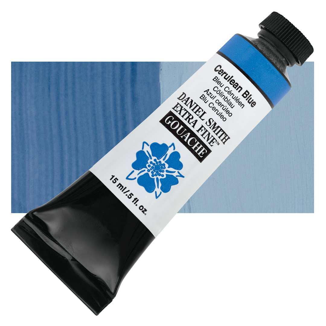 Open in modal - Daniel Smith Extra Fine Gouache - Cerulean Blue, 15 ml tube and swatch