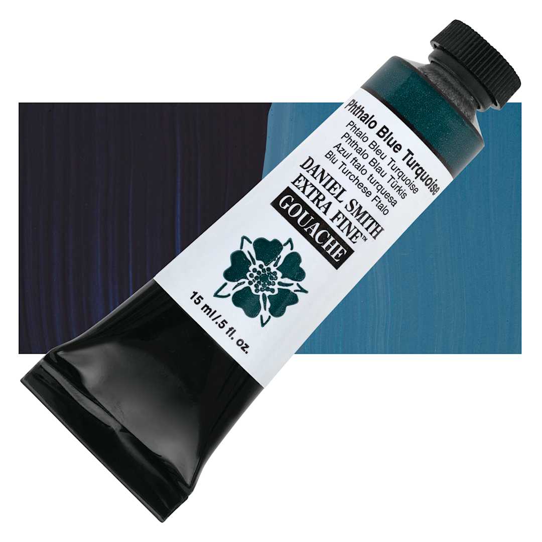 Open in modal - Daniel Smith Extra Fine Gouache - Phthalo Blue Turquoise, 15 ml tube and swatch