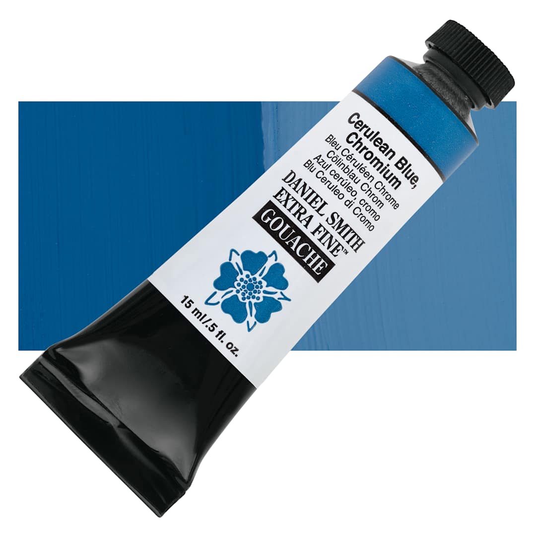 Open in modal - Daniel Smith Extra Fine Gouache - Cerulean Blue Chromium, 15 ml tube and swatch