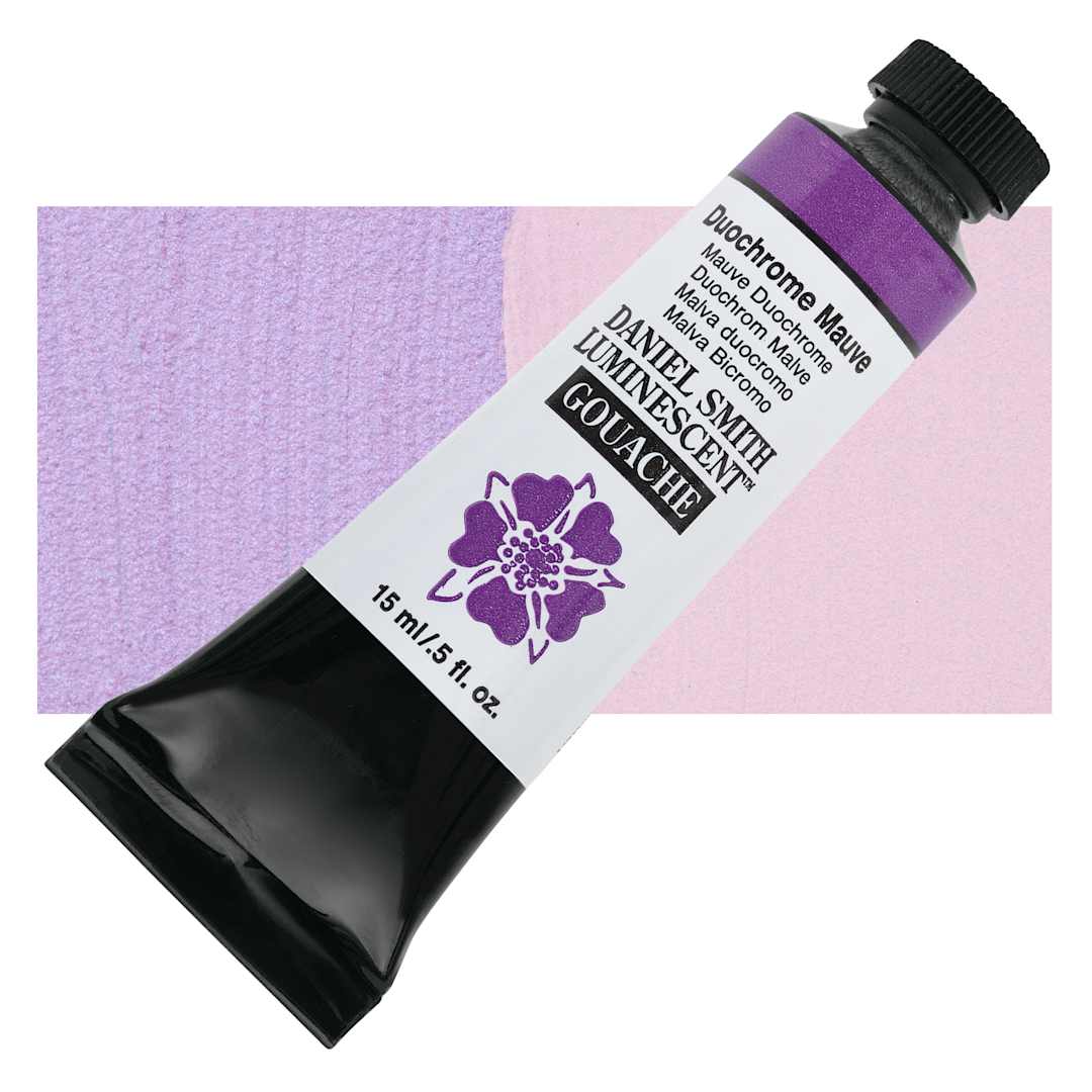 Open in modal - Daniel Smith Extra Fine Gouache - Duochrome Mauve, 15 ml tube and swatch