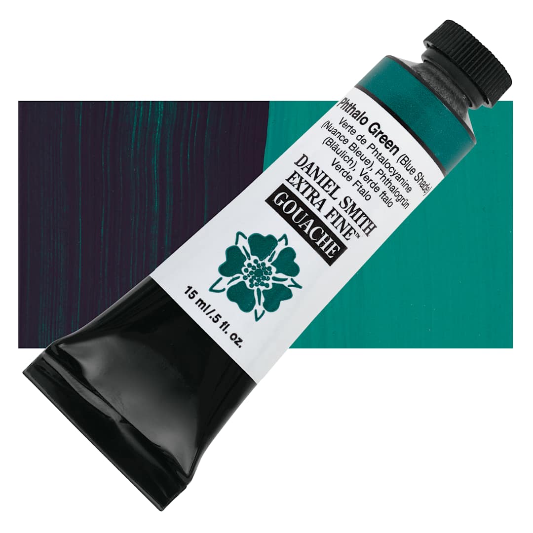 Open in modal - Daniel Smith Extra Fine Gouache - Phthalo Green (Blue Shade), 15 ml Tube and swatch