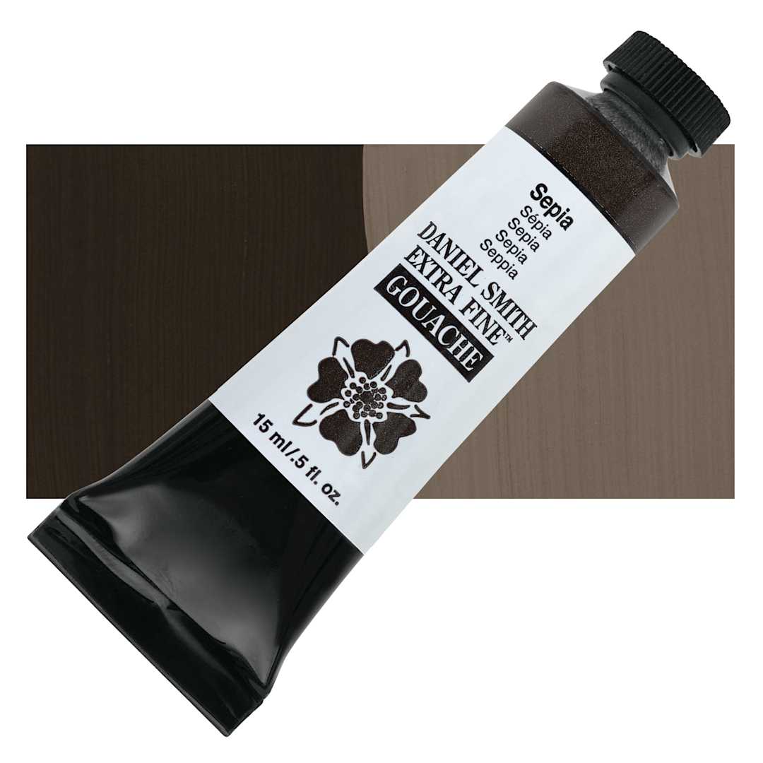 Open in modal - Daniel Smith Extra Fine Gouache - Sepia, 15 ml tube and swatch