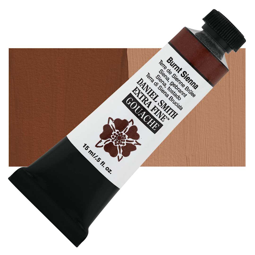 Open in modal - Daniel Smith Extra Fine Gouache - Burnt Sienna, 15 ml Tube and swatch